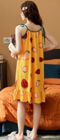Elegant Spaghetti Strap V-Neck Floral Print Cotton Night Dress