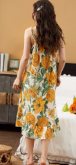 Elegant Spaghetti Strap V-Neck Floral Print Cotton Night Dress
