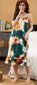 Elegant Spaghetti Strap V-Neck Floral Print Cotton Night Dress