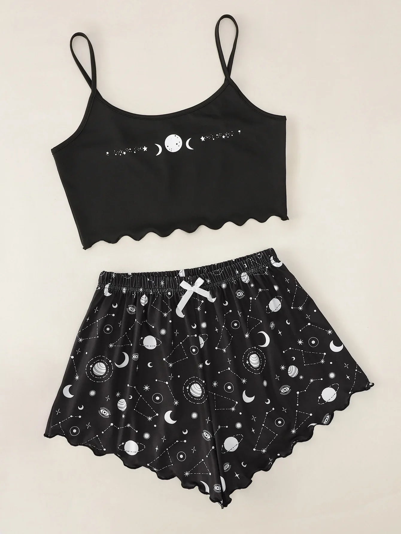Casual Star Moon Printed Sleeveless Sling Crop Tops and Shorts Set