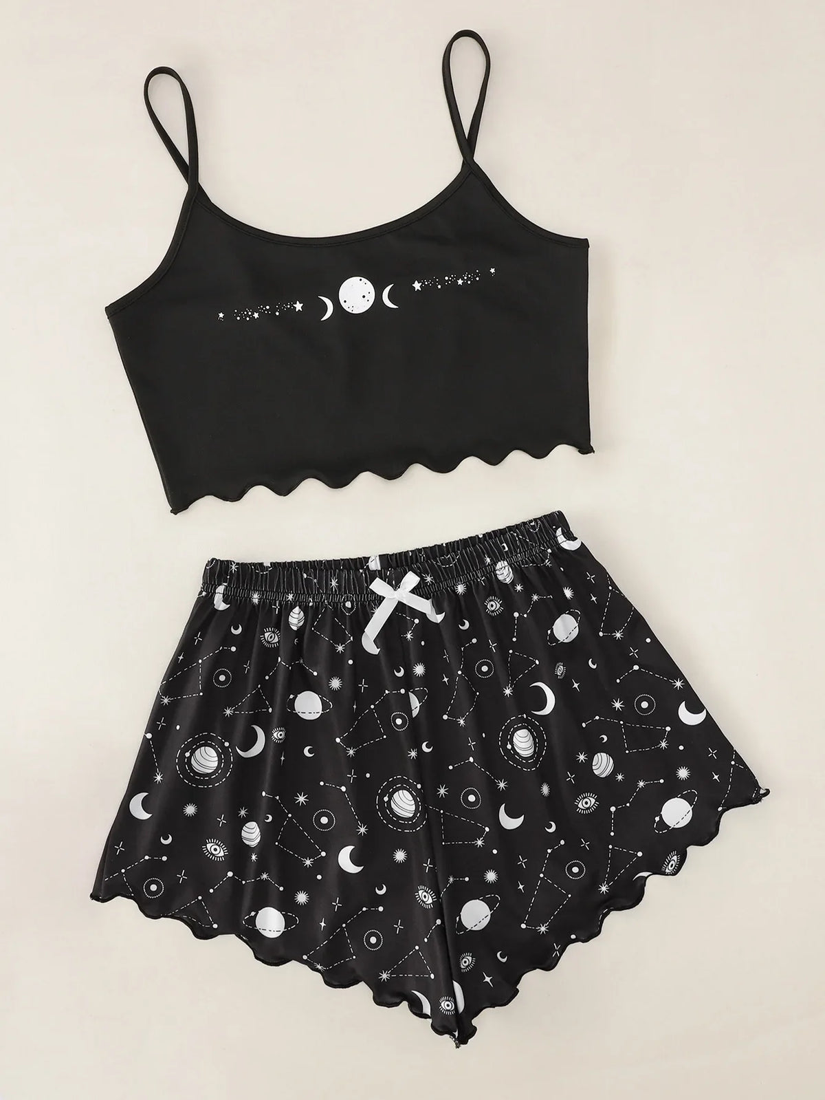 Casual Star Moon Printed Sleeveless Sling Crop Tops and Shorts Set