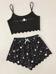 Casual Star Moon Printed Sleeveless Sling Crop Tops and Shorts Set