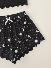 Casual Star Moon Printed Sleeveless Sling Crop Tops and Shorts Set