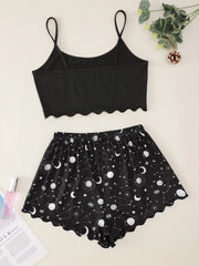 Casual Star Moon Printed Sleeveless Sling Crop Tops and Shorts Set