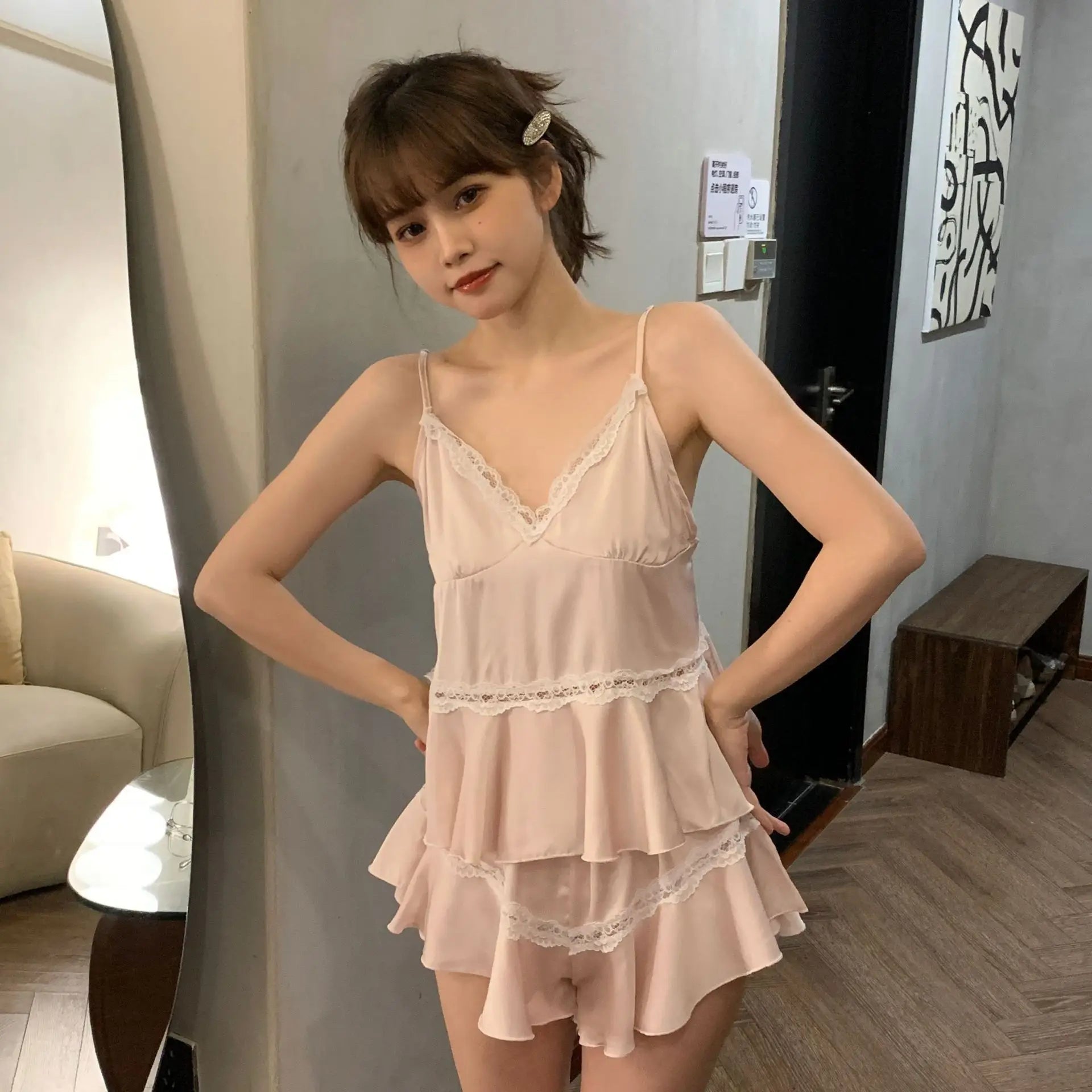 Casual Strap Top And Loose Satin Shorts V-Neck Sleepwear