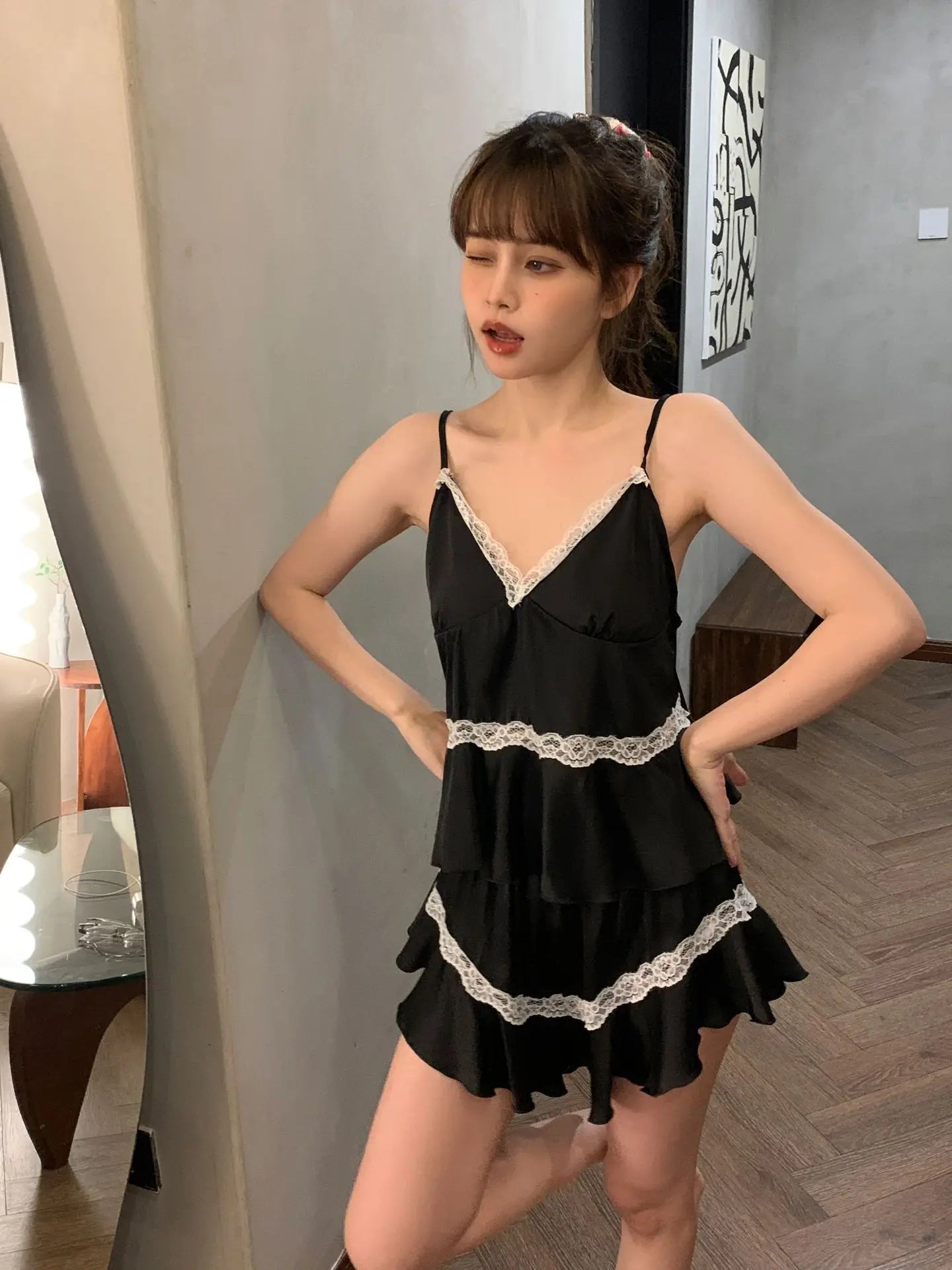 Casual Strap Top And Loose Satin Shorts V-Neck Sleepwear