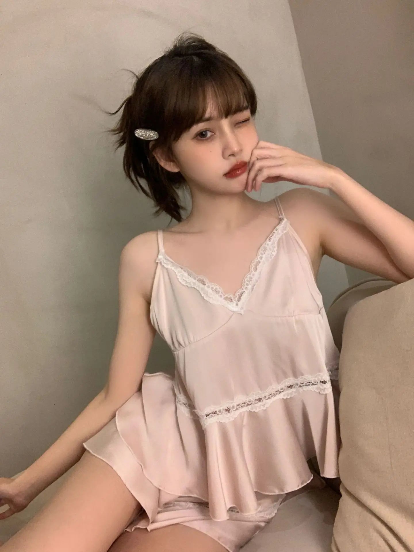 Casual Strap Top And Loose Satin Shorts V-Neck Sleepwear