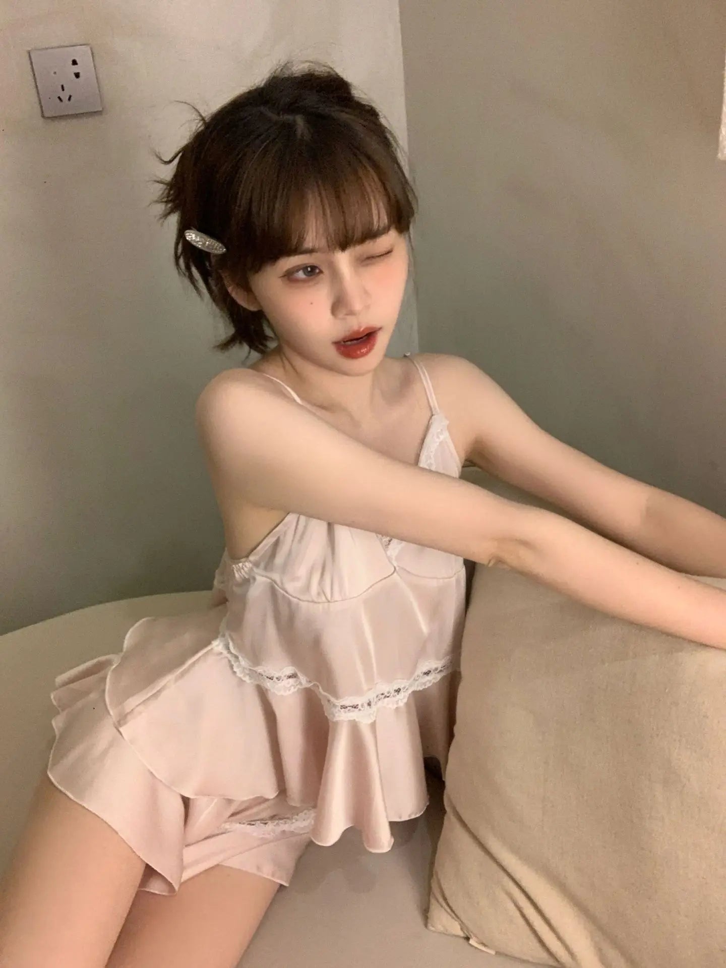 Casual Strap Top And Loose Satin Shorts V-Neck Sleepwear