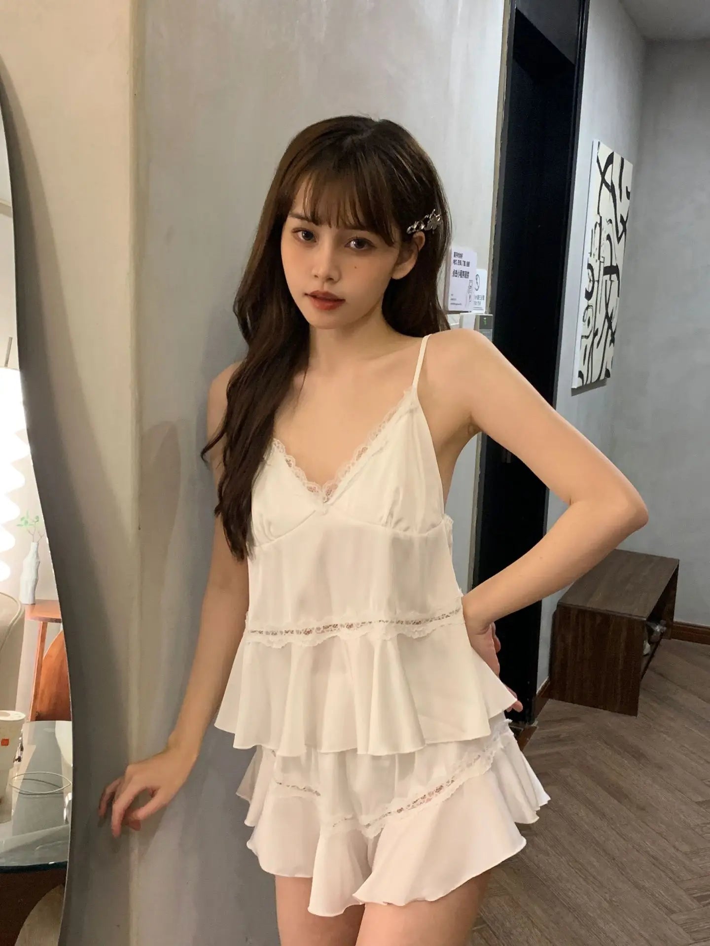 Casual Strap Top And Loose Satin Shorts V-Neck Sleepwear