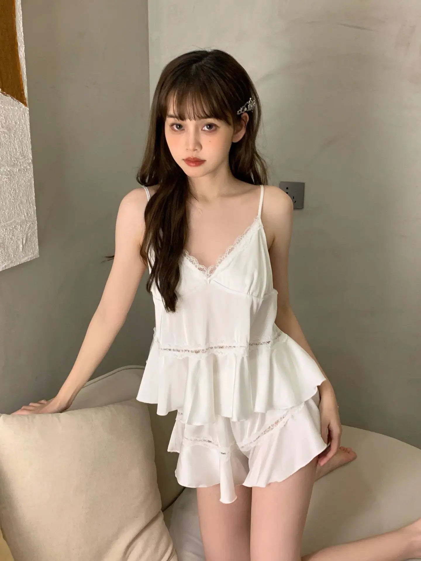 Casual Strap Top And Loose Satin Shorts V-Neck Sleepwear