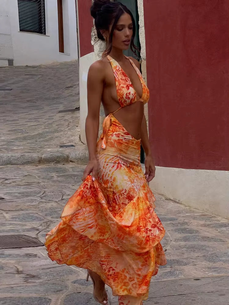 Casual Tie-Dye Print Bandag Halter Bra And Ruched Ruffles Long Skirts 2 Piece Set