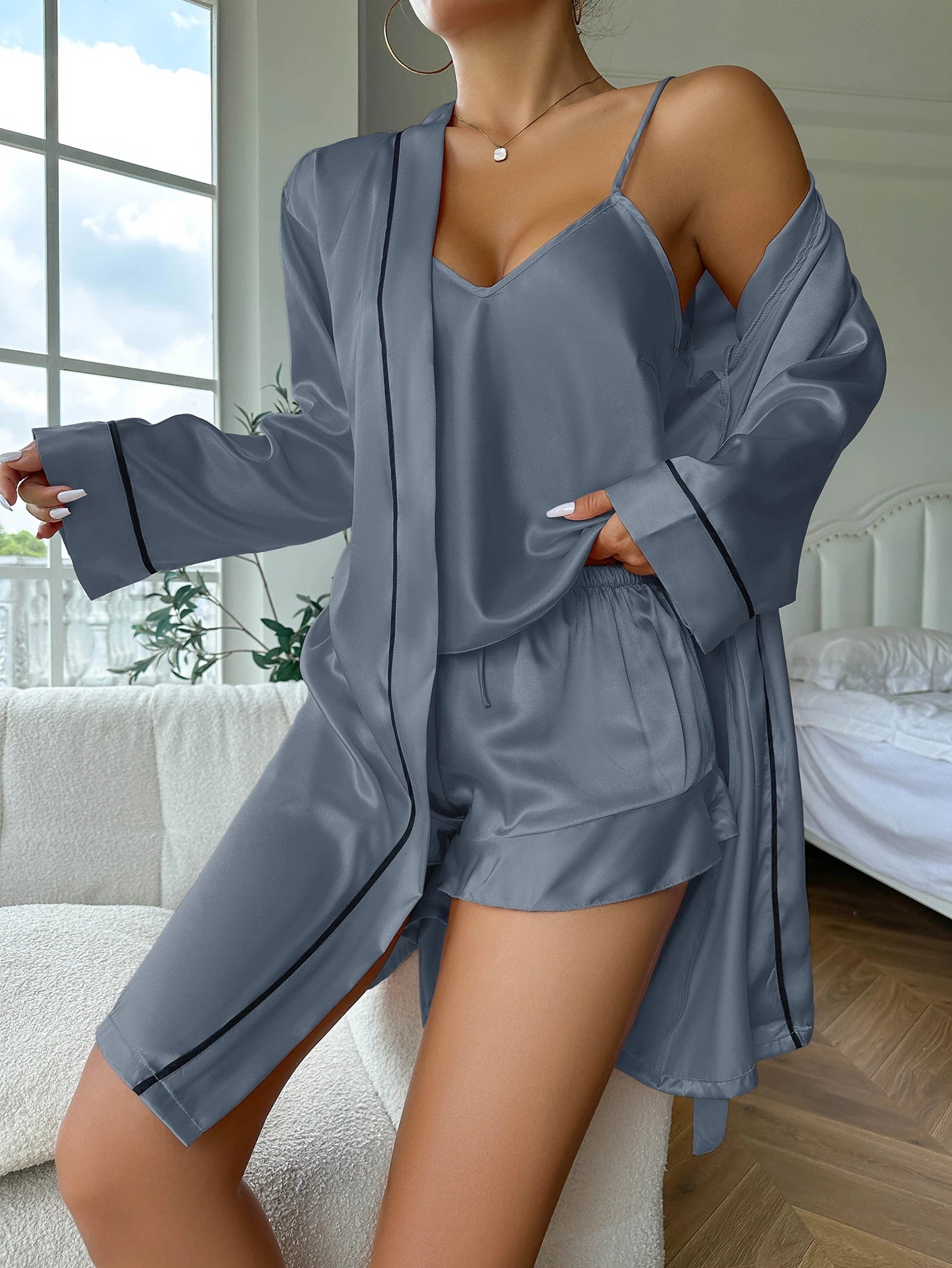Casual V Neck Long Sleeve Belted Robe Simple Satin Pajama Set