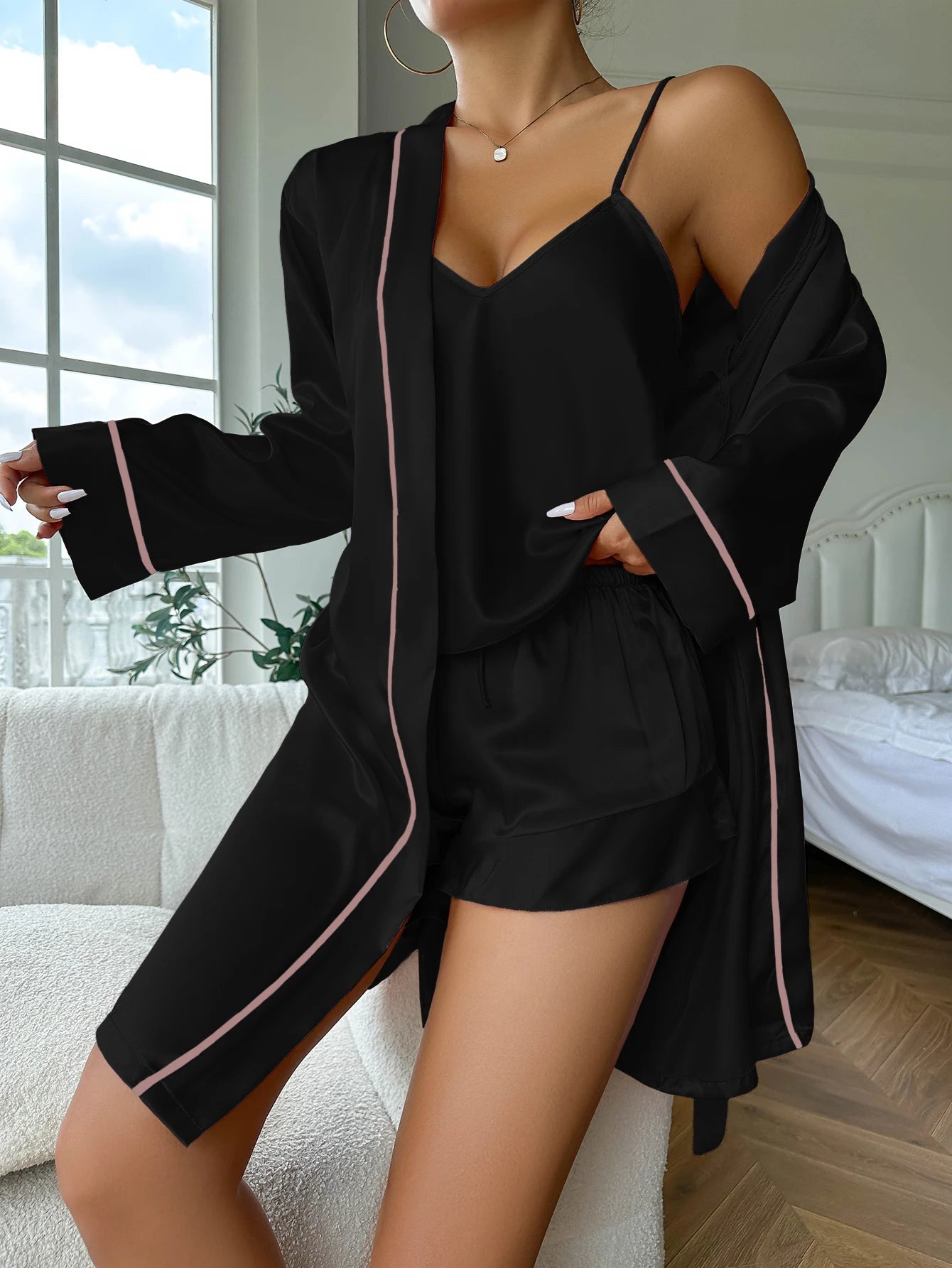 Casual V Neck Long Sleeve Belted Robe Simple Satin Pajama Set