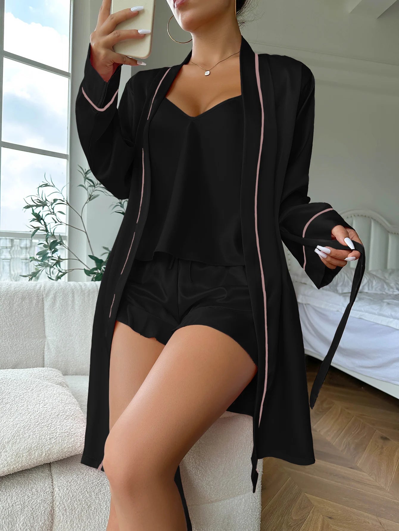 Casual V Neck Long Sleeve Belted Robe Simple Satin Pajama Set