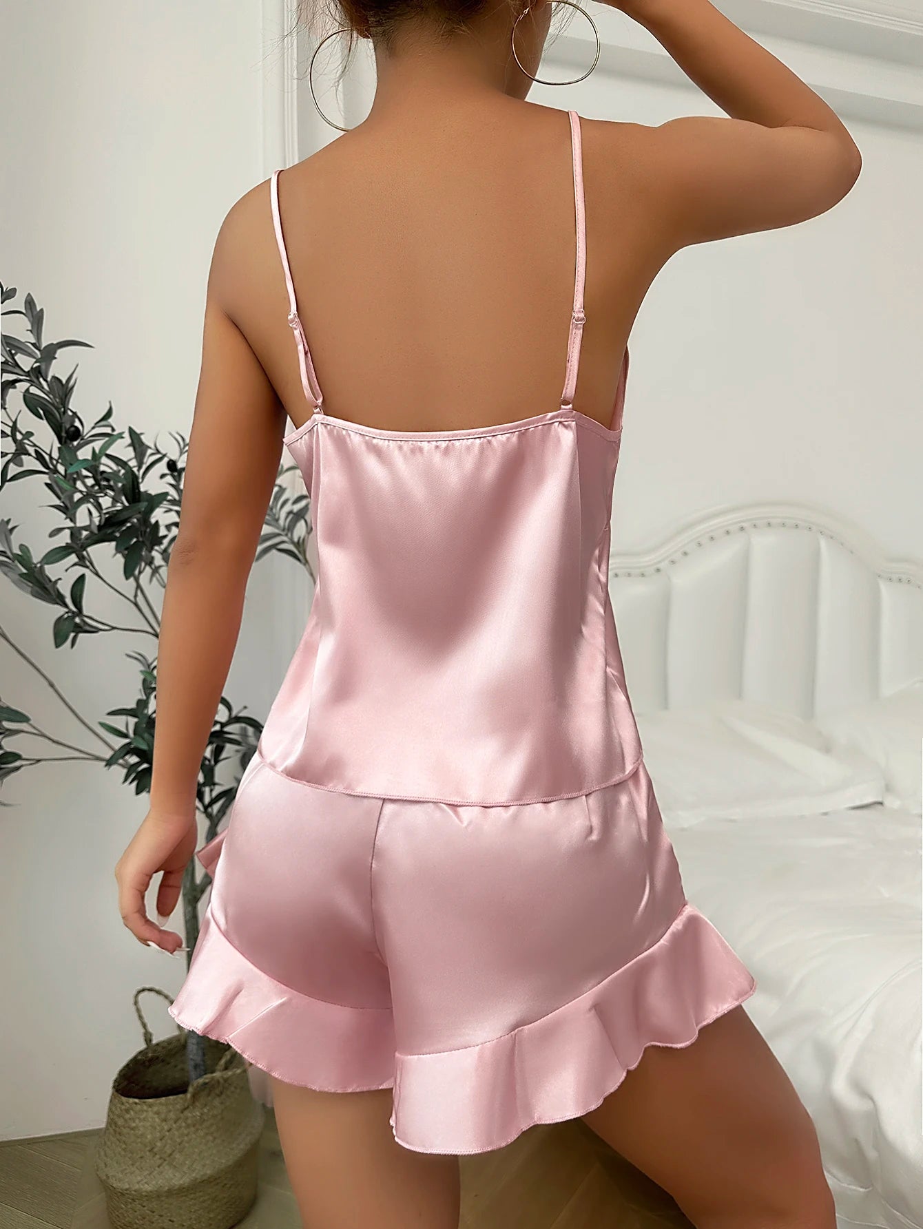 Casual V Neck Long Sleeve Belted Robe Simple Satin Pajama Set