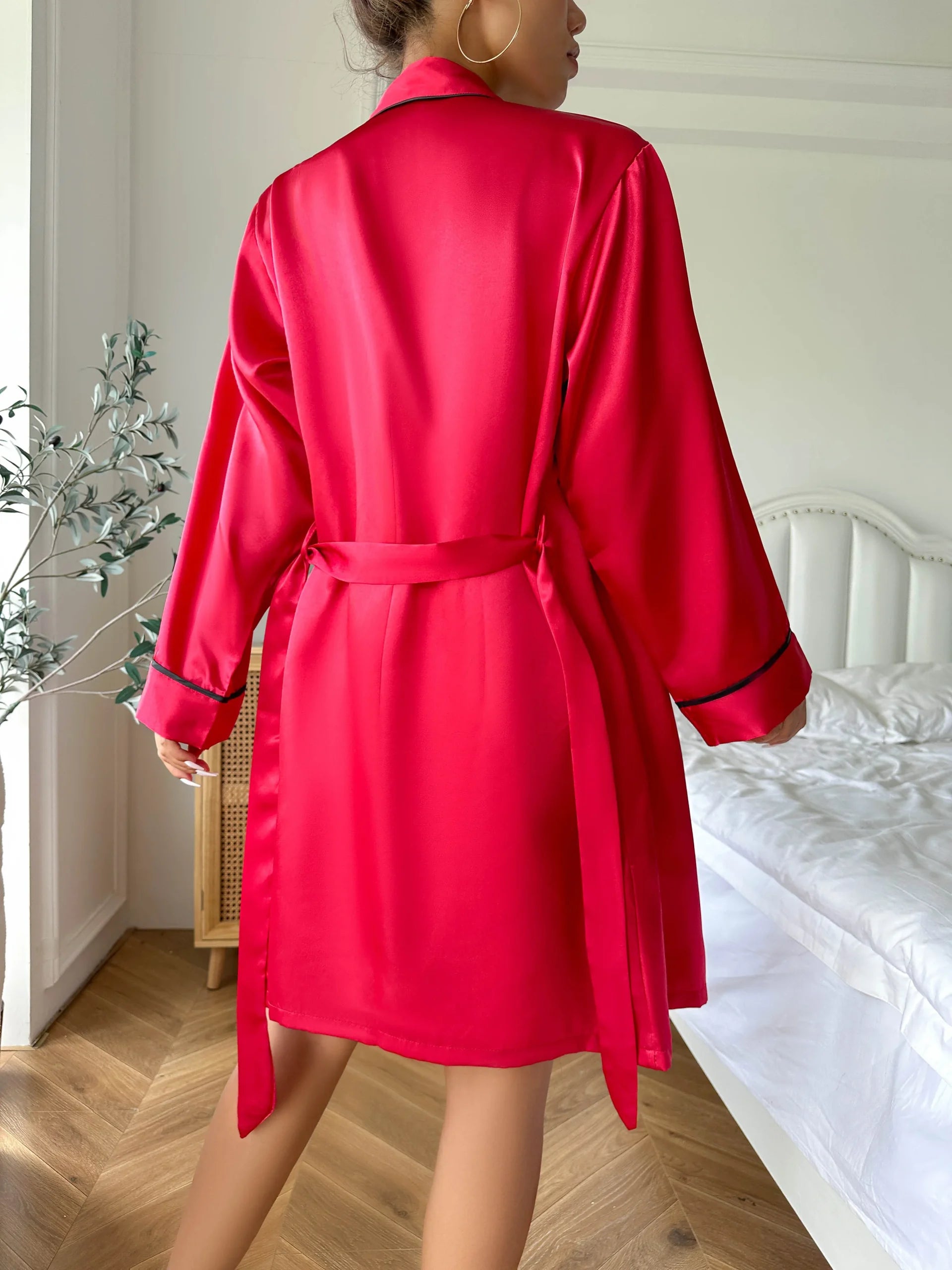 Casual V Neck Long Sleeve Belted Robe Simple Satin Pajama Set