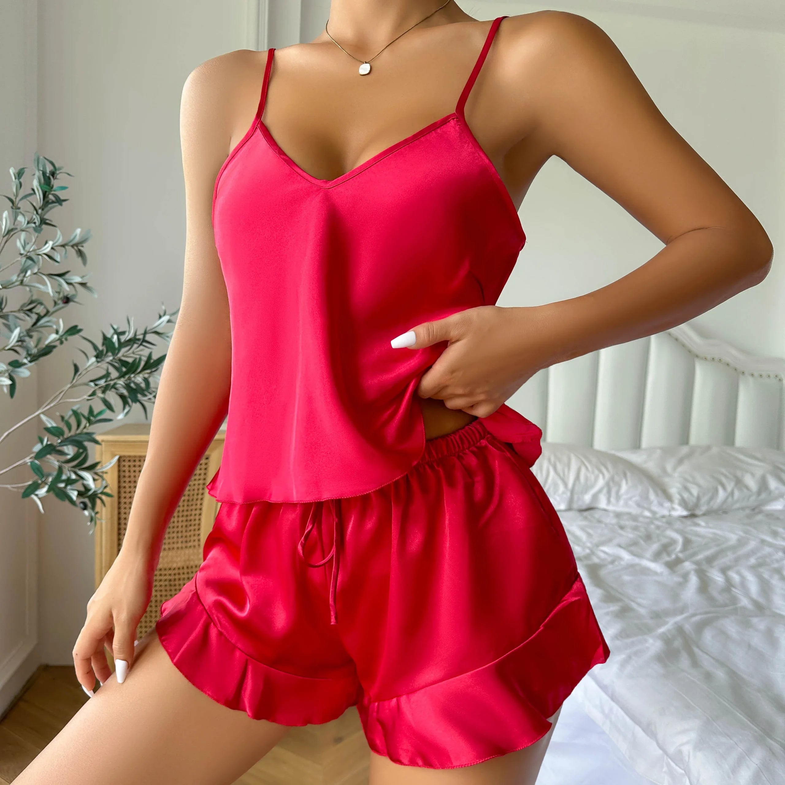 Casual V Neck Long Sleeve Belted Robe Simple Satin Pajama Set