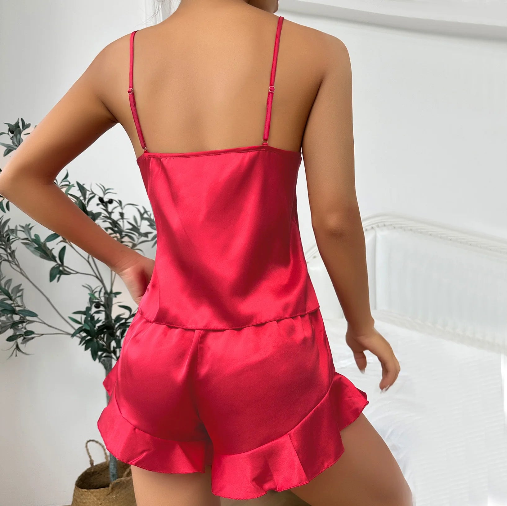 Casual V Neck Long Sleeve Belted Robe Simple Satin Pajama Set