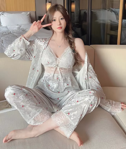 Casual Velvet Cherry Printed Lace Three Piece Pant Set Sleepwear