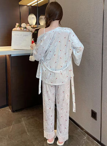Casual Velvet Cherry Printed Lace Three Piece Pant Set Sleepwear