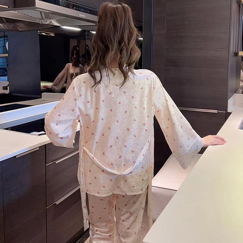 Casual Velvet Cherry Printed Lace Three Piece Pant Set Sleepwear