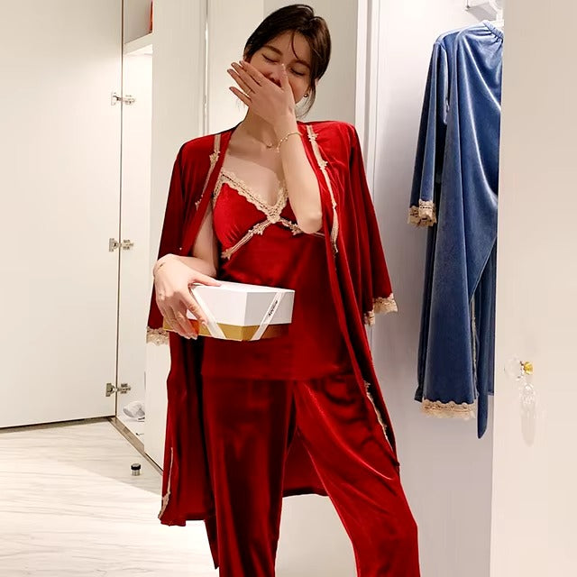 Casual Velvet Lace Trim Loose Pajamas Suit 3 Piece Set