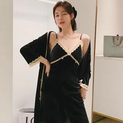 Casual Velvet Lace Trim Loose Pajamas Suit 3 Piece Set