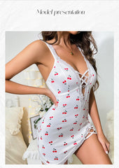 Cherry Print Lace Trim Lingerie Criss Cross Cami Mini Cute Trendy Nightgown