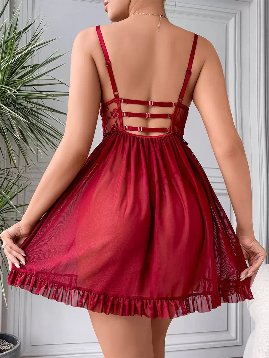 Chic V Neck Sleeveles Daily Casual Lace Semi-Sheer Babydolls & Chemises
