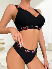 Color Bocking Letter Printed Thread Sports Bra Thong Underwear Set