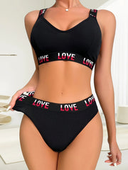 Color Bocking Letter Printed Thread Sports Bra Thong Underwear Set