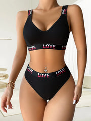 Color Bocking Letter Printed Thread Sports Bra Thong Underwear Set