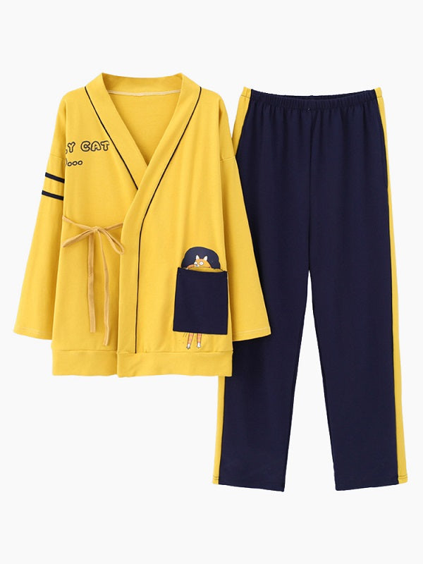 Cotton Kurta With Pocket Long Sleeve Kimono Laced Pajamas