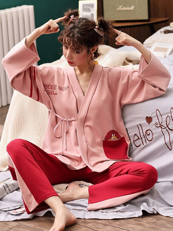 Cotton Kurta With Pocket Long Sleeve Kimono Laced Pajamas
