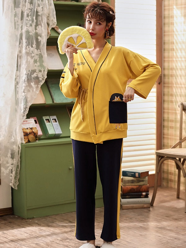 Cotton Kurta With Pocket Long Sleeve Kimono Laced Pajamas