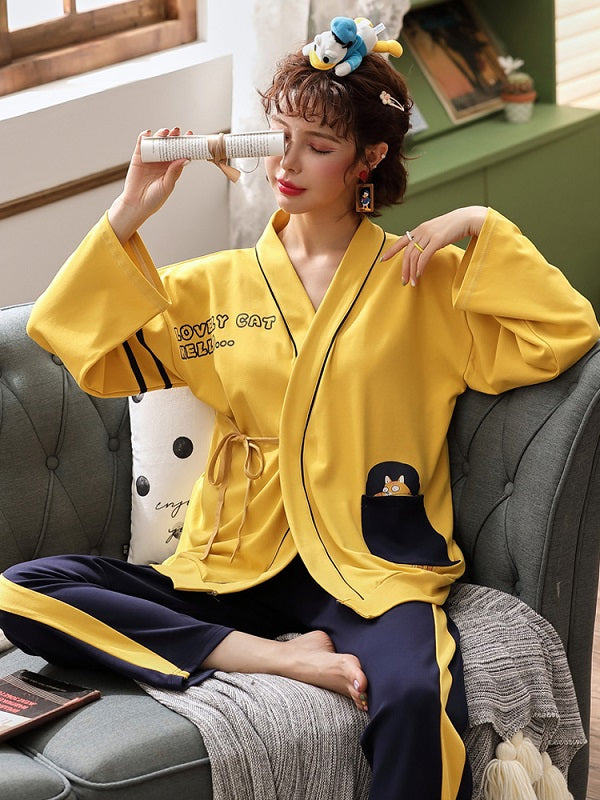 Cotton Kurta With Pocket Long Sleeve Kimono Laced Pajamas