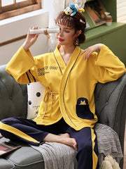 Cotton Kurta With Pocket Long Sleeve Kimono Laced Pajamas