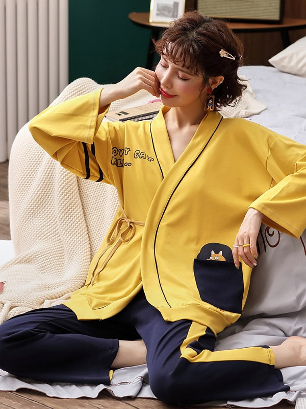 Cotton Kurta With Pocket Long Sleeve Kimono Laced Pajamas