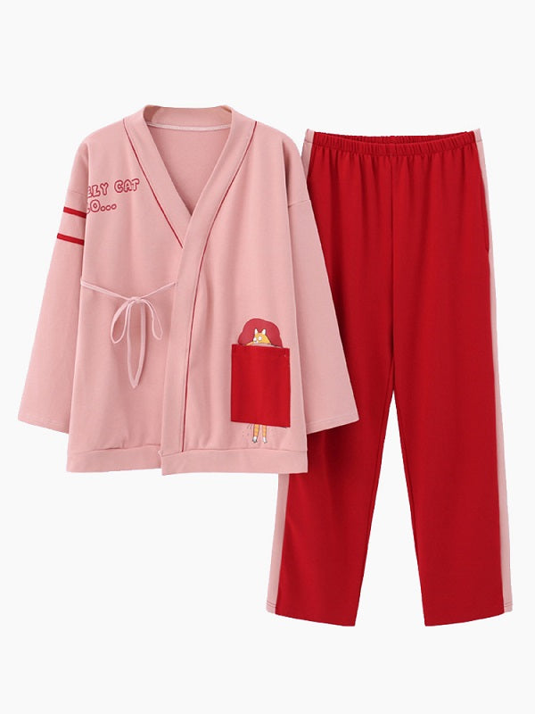 Cotton Kurta With Pocket Long Sleeve Kimono Laced Pajamas