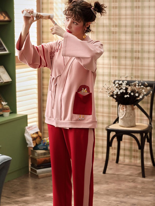 Cotton Kurta With Pocket Long Sleeve Kimono Laced Pajamas