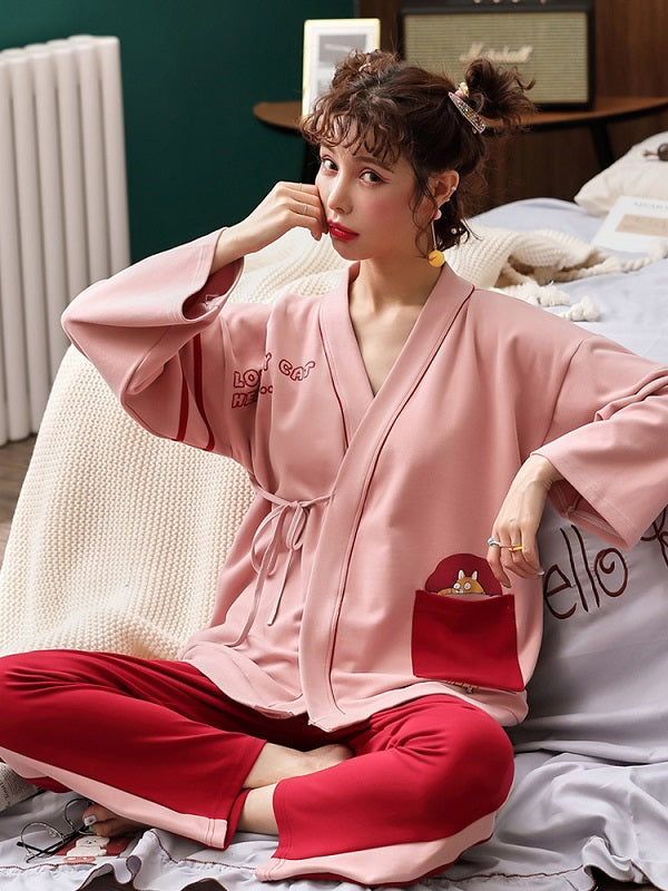 Cotton Kurta With Pocket Long Sleeve Kimono Laced Pajamas