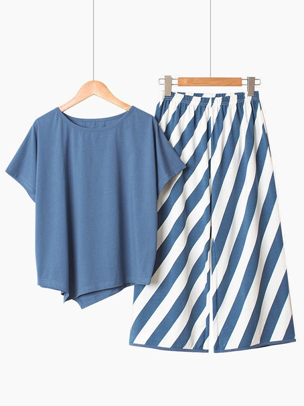 Cotton Short Sleeve O Neck Stripe Pants Loose Pajama Set