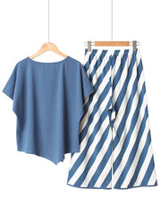 Cotton Short Sleeve O Neck Stripe Pants Loose Pajama Set