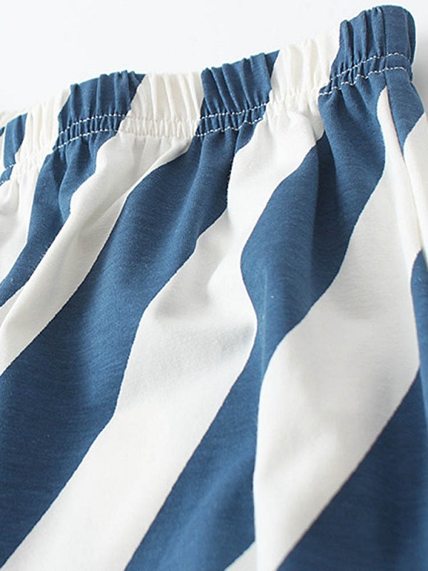 Cotton Short Sleeve O Neck Stripe Pants Loose Pajama Set
