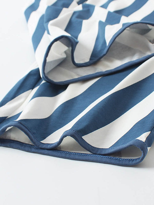 Cotton Short Sleeve O Neck Stripe Pants Loose Pajama Set