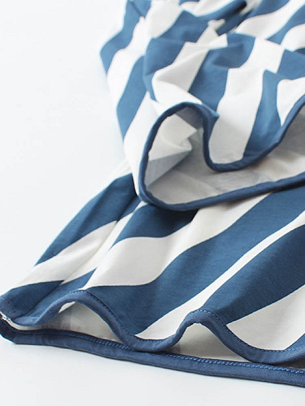 Cotton Short Sleeve O Neck Stripe Pants Loose Pajama Set