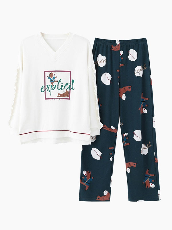 Cotton V-Neck Long Sleeve With Ruffle Printed Pajamas