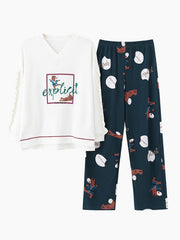 Cotton V-Neck Long Sleeve With Ruffle Printed Pajamas
