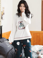 Cotton V-Neck Long Sleeve With Ruffle Printed Pajamas
