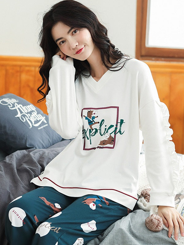 Cotton V-Neck Long Sleeve With Ruffle Printed Pajamas